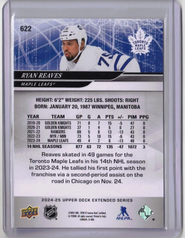 RYAN REAVES 24/25 2025 Upper Deck UD Exclusives Card #622 SP #d /100 Maple Leafs - Image 2 of 2