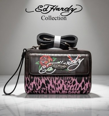 Ed Hardy Black & Pink Cheetah Print Logo Crossbody / Wristlet
