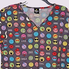 Smiley World Happy Face Women's Medium Gray Scrub Positive Vibes V- Neck Shirt