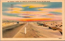 1947 American Sahara Desert Highway Old New Roads Linen Postcard Los Angeles