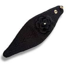 Knit Ear Warmer Fur Flower Rhinestone Head Wrap Headband 19.5  x 6.5  Black