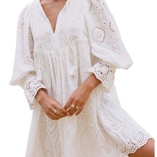 Spell Gypsy Dylan Smock White Eyelet Mini Dress S Boho Lace Tassel V-Neck
