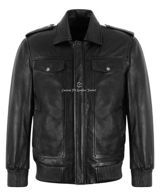 Herren Schwarz Leder Bomberjacke Militär Stil Flug Freizeit Reißverschluss Jacke
