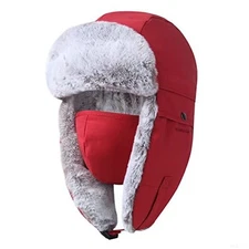  Winter Trapper Hat with Ear Flap Chin Strap and Windproof Mask 6 3/4-7 1/4 Red
