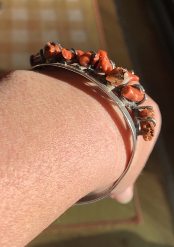 Vintage Solid Sterling Silver & Natural Red Coral Branch Cuff Bracelet. - Picture 3 of 15