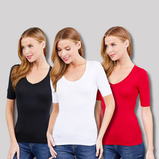 1X 2X 3X Women's 3/4 Sleeve V-Neck T-shirt Soft Stretch Cotton Fitted Top Plus
