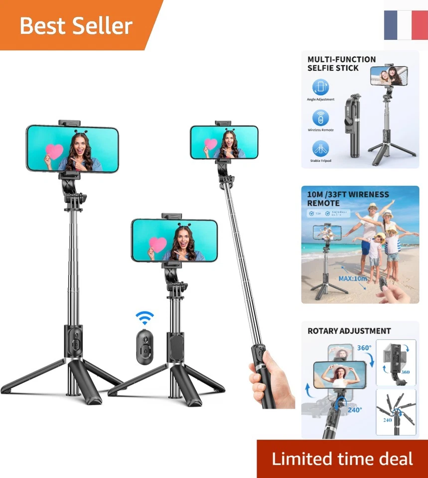 Selfie Stick 360° avec Support Ajustable et Télécommande - Idéal pour les Photos - Photo 1/4