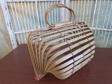 Vintage 50s 60s Cage Purse Collapsible Bamboo Basket Made in Japan Accordion Bag