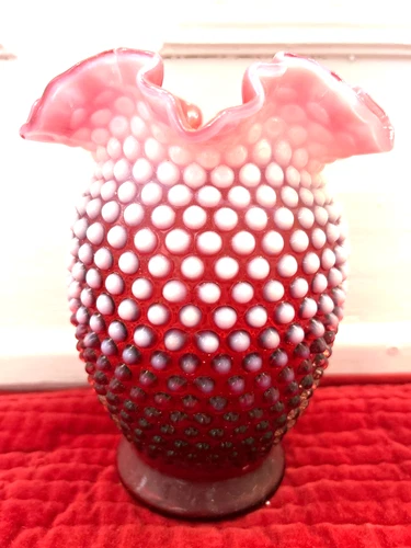 Vtg Fenton Cranberry Opalescent Hobnail Art Glass Vase ORIGINAL ANTIQUE