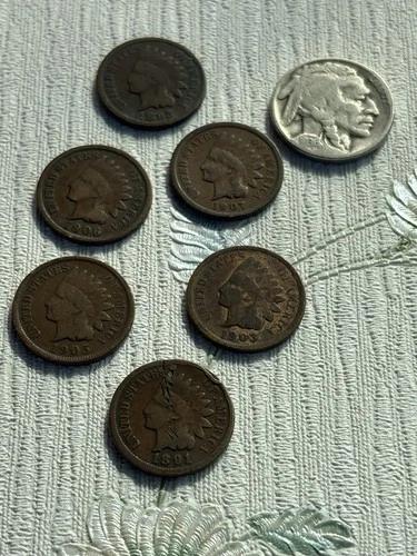 Old U.S. Coin Lot! 6 Indian Head Cent & 1 Lonely Buffalo Nickel. FREE S&H    A1