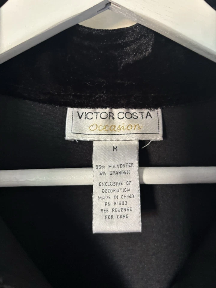 Top túnica Victor Costa mediano negro terciopelo lentejuelas para mujer vacaciones Foto 3 de 4