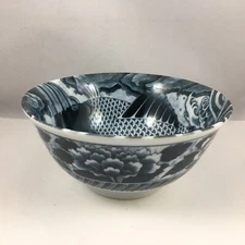 SET of 2 Japanese Rice Soup Bowl 6"D Porcelain Navy Black Carp Koi Made in Japan