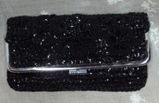 Vtg Made in Hong Kong HAND BEADED BAG Fold Over Purse BLACK