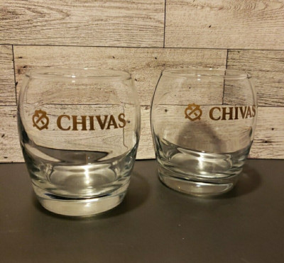 Chivas Regal Scotch Whiskey Rocks Cocktail Glasses Set of Two Gold Chivas Logo