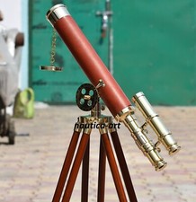 18" Antique Brass Nautical Floor Standing Telescope With Wooden Tripod Stand T42