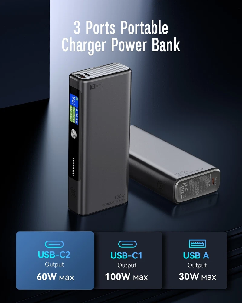 Power Bank 18400mAh 130W Charger Portable External Battery Backup For Cell Phone