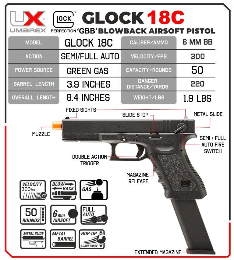 Pistola Glock 18c Green Gas / Airsoft 6mm - hiking outdoor Chile