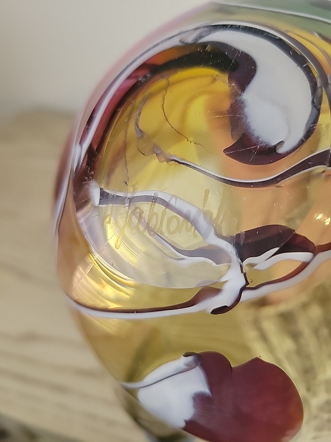 SIGNED A. JABLONSKI ART BLOWN GLASS HANDKERCHIEF RAINBOW BOWL POLAND Centerpiece