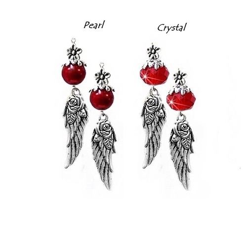 Earrings angel wing charm, choose pearl or crystal, color and fittings - Picture 18 of 19