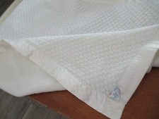 vintage Quiltex Baby Blanket ivory off White Satin Binding 34x46 Textured Knit