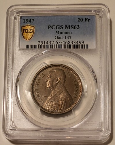 Monaco Louis II 1947 20 Francs MS63 PCGS
