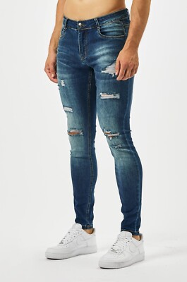 Legend London Men's Spray On Dark Blue Wash Distressed Skinny