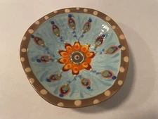 Artist Signed Studio Pottery Mandala Peacock Raised Dot Bowl