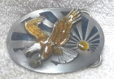 Flying Eagle Enamel Over Sunburst Silver Oval Belt Buckle Siskiyou 1986 Vintage