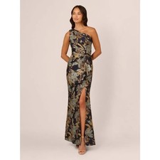 Adrianna Papell Blue Gold Floral Jacquard One Shoulder Gown Size 20W $279