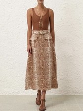 ZIMMERMANN Midi Skirt Size AU3/14 / US4 Natural A-Line Belted Linen Snake Print