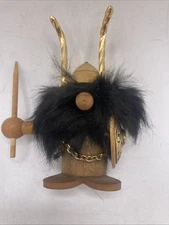 Vintage Viking Teak Danish Folk Art Figure Denmark MCM Spear Gold Tone Shield