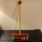 VTG Handmade Wood Painted Rolling Toddler Push Toy With Bell & Ball 1970s 9x20” — photo 4