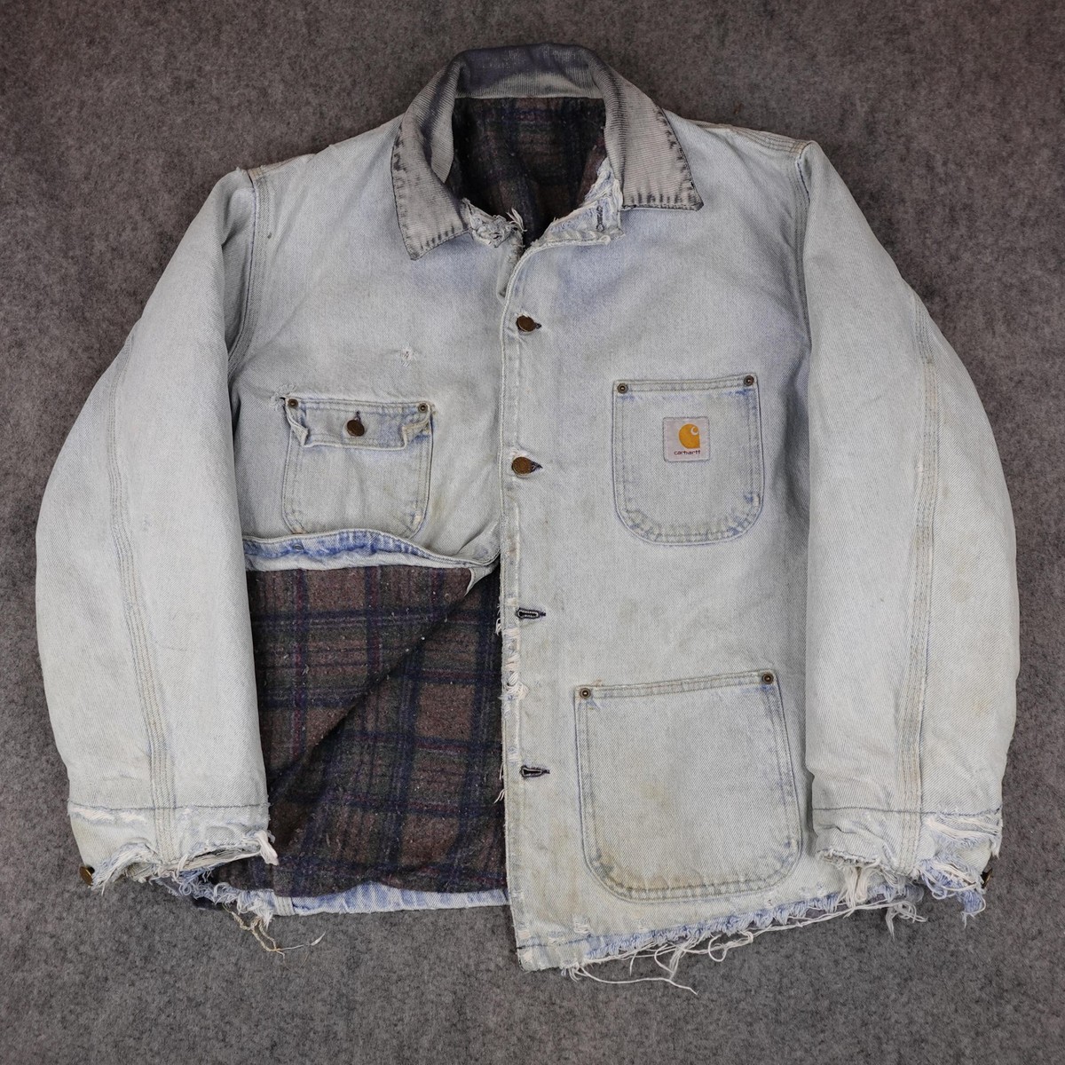 Vintage Carhartt Jacket Mens Large Denim Jean Blanket Lined Chore