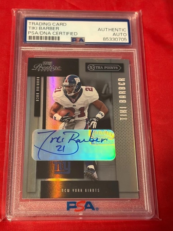 TIKI BARBER GIANTS 2004 PRESTIGE /25 SIGNED FOOTBALL CARD AUTO PSA AUTHENTIC