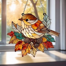 Autumn robin bird suncatcher, colorful faux stained glass window decor