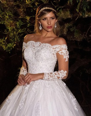 long sleeve off the shoulder princess wedding dress Princess Sparkle Fairytale Wedding Dress - Off Shoulder Wedding Dress with Sleeves