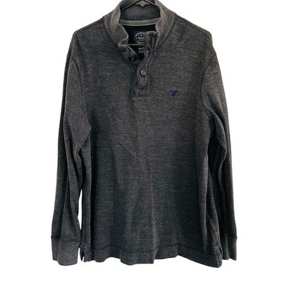 Y2K American Eagle Henley Sweatshirt Ribbed Charcoal Gray Mock Neck Mens XLT