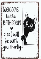 Funny Cat Bathroom Sign 8x12 Metal Wall Decor Retro Black Cat Gift House Humor