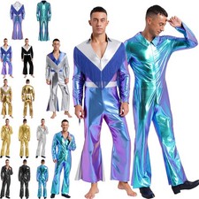 Men Disco Outfit Shiny Metallic Lapel V Neck Long Sleeve Jumpsuit Music Party