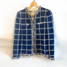 Women St. John Blue & White Tweed Plaid Print Fringe Trim Classic Jacket-Size 4