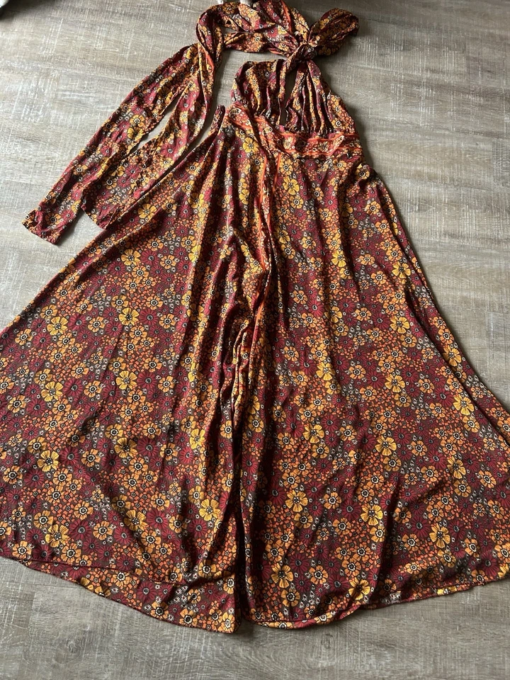 Garden Belle Shop Mono de Seda Festival 3XL Pierna Ancha Halter Hippie Floral Usado en Excelente Condición Foto 2 de 4