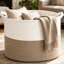 HZFTJOY Large Woven Blanket Basket 65L Cotton Rope Laundry Basket Collapsible