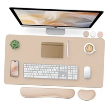  Leather Desk Pad and Keyboard Wrist Rest, Large 31.5" x 15.7" Beige-wrist Rest