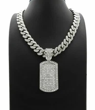 Hip Hop Dog Tag Bling pendant & 12mm 18" Full Iced Cuban Choker Chain Necklace