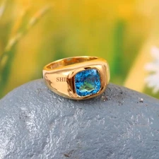 Natural Blue Topaz Gemstone with Gold Plated 925 Sterling Silver Men's Ring #876