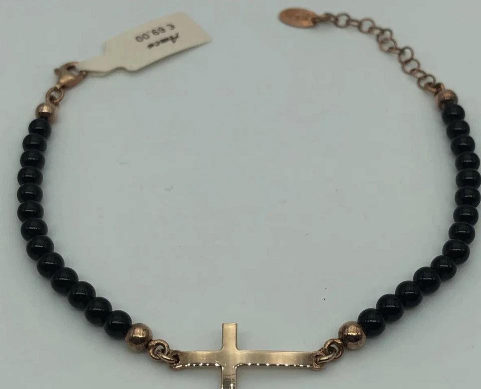 Pulsera AMEN Ónix Y Cruz Plata Vino Rosado - Imagen 2 de 4