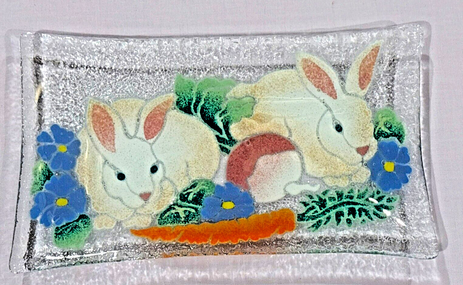 Signed & Dated Peggy Karr Fused Art Glass Tray Platter Bunny Rabbit 9.75 x 5.75