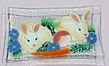 Signed & Dated Peggy Karr Fused Art Glass Tray Platter Bunny Rabbit 9.75 x 5.75