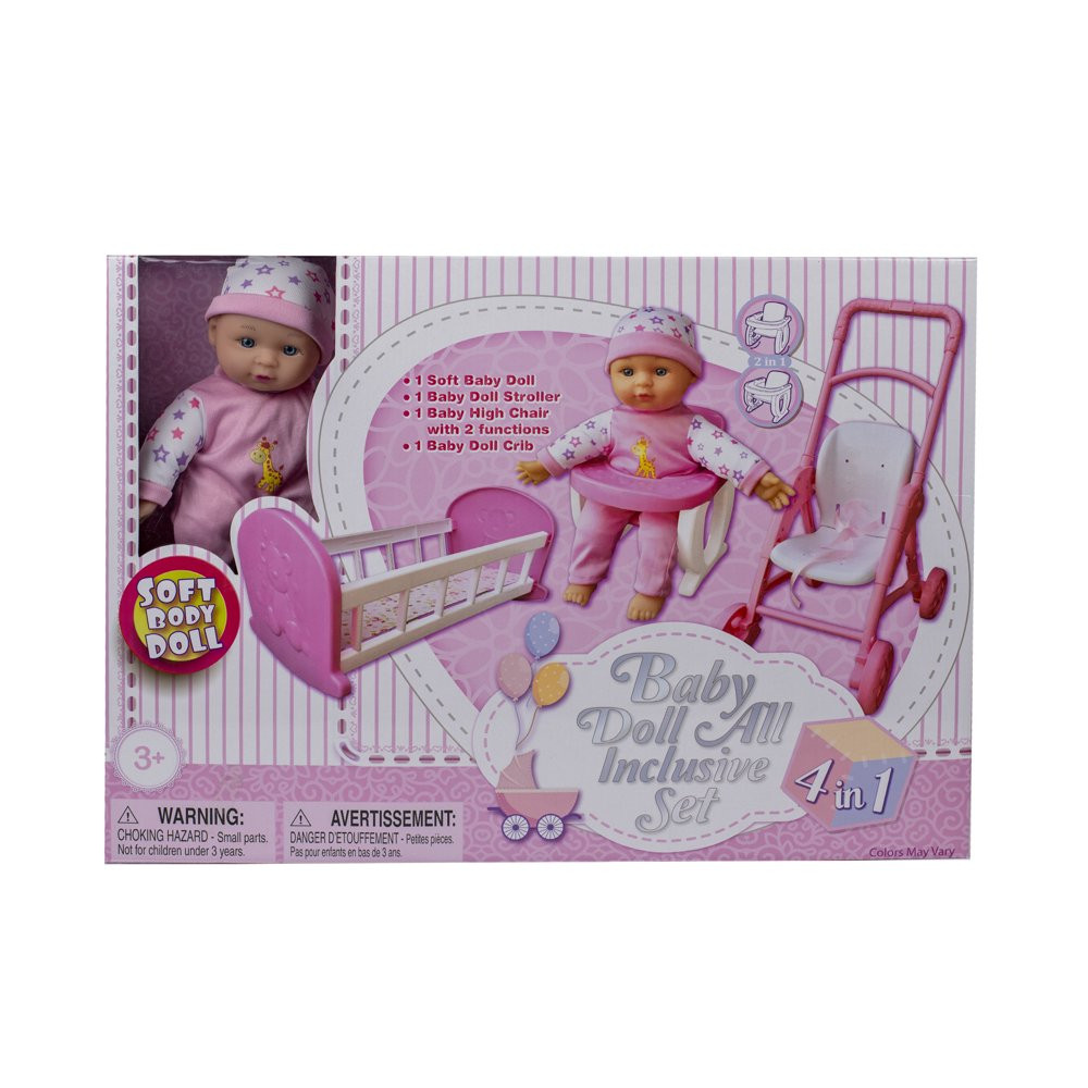 Baby Doll Play Set 4-in-1 Pink White Stroller Crib Highchair Lightweight