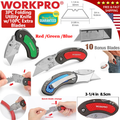 WORKPRO 3PC Folding Utility Knife Quick Change Belt Clip w/10PC Extra SK5 Blades